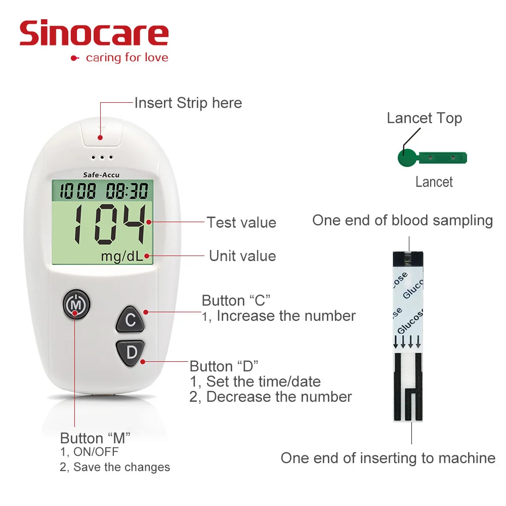 Безопасный глюкометр Sinocare Accu и 50/100 отдельных тест полосок ланцеты бытовой