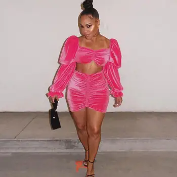 

BKLD Velvet 2 Piece Set Women Puff Sleeve Crop Tops Ruched Two Pieces Skirt Set Women 2019 Autumn New Party Pink Woman Outfits