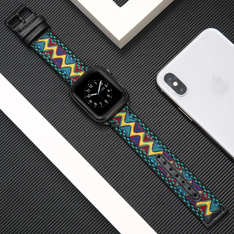 National Wind Fabric+Genuine Leather strap for apple watch band 42mm 38mm 44mm 40mm iwatch series 5/4/3/2/1 bracelet Accessories