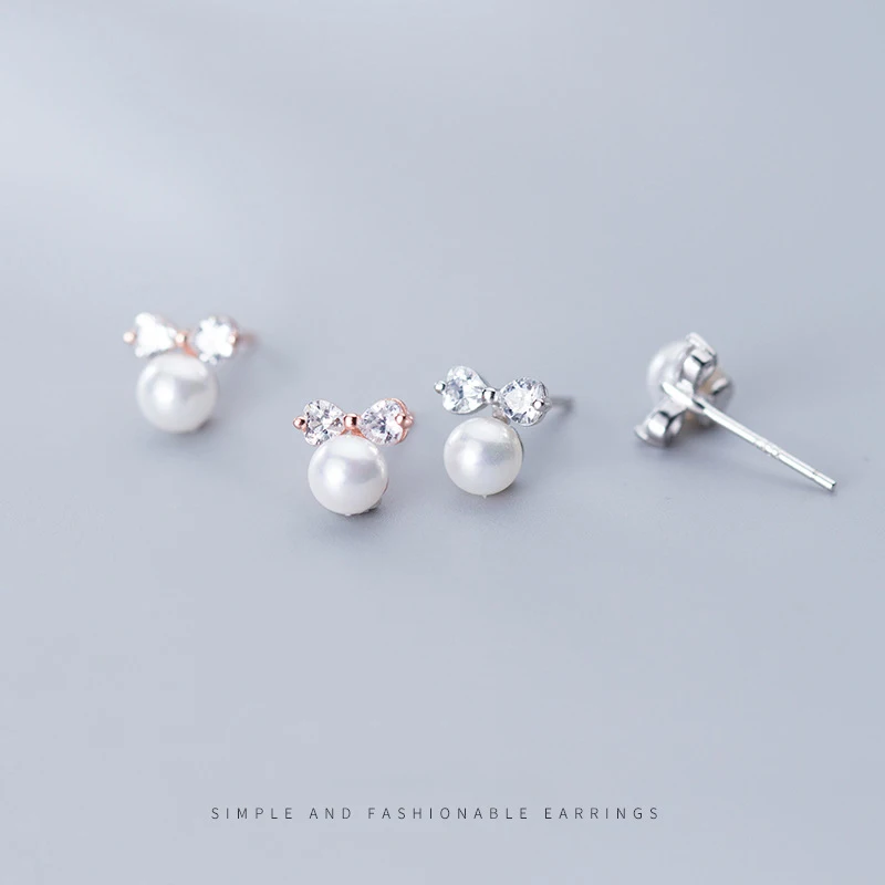 

COLUSIWEI Shining Zircon bowknot Stud Earrings for Women Elegant Pearl Ear Studs 925 Sterling Silver Fashion Jewelry Bijoux