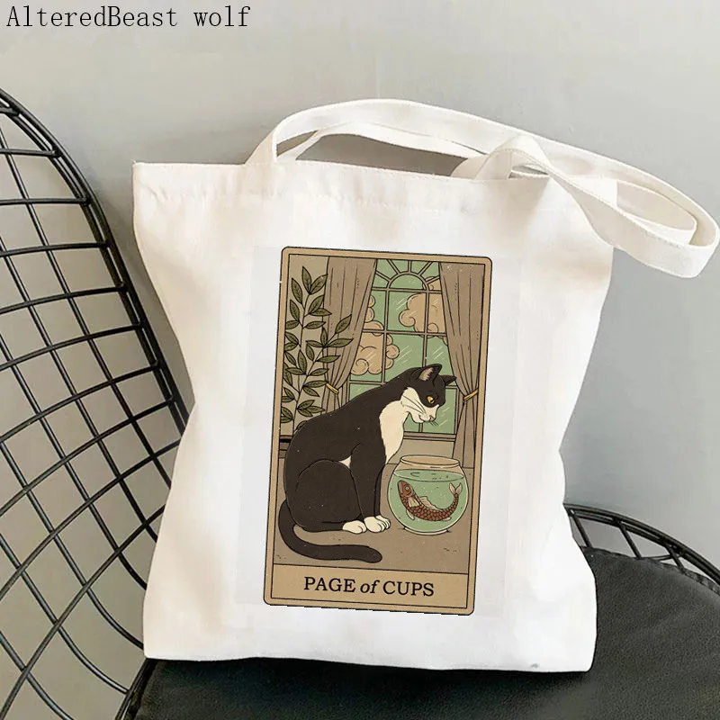 Women Shopper bag Nine of Pentacles cat Tarot Bag Harajuku Shopping Canvas Shopper Bag girl handbag Tote Shoulder Lady Bag