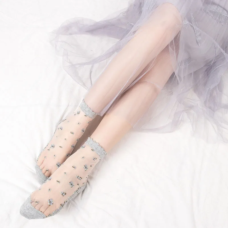 

2 Pairs Breathable Ultra Thin Socks Summer Women Transparent Lace Silk Crystal Rose Flower Girls Female Elastic Short Socks New