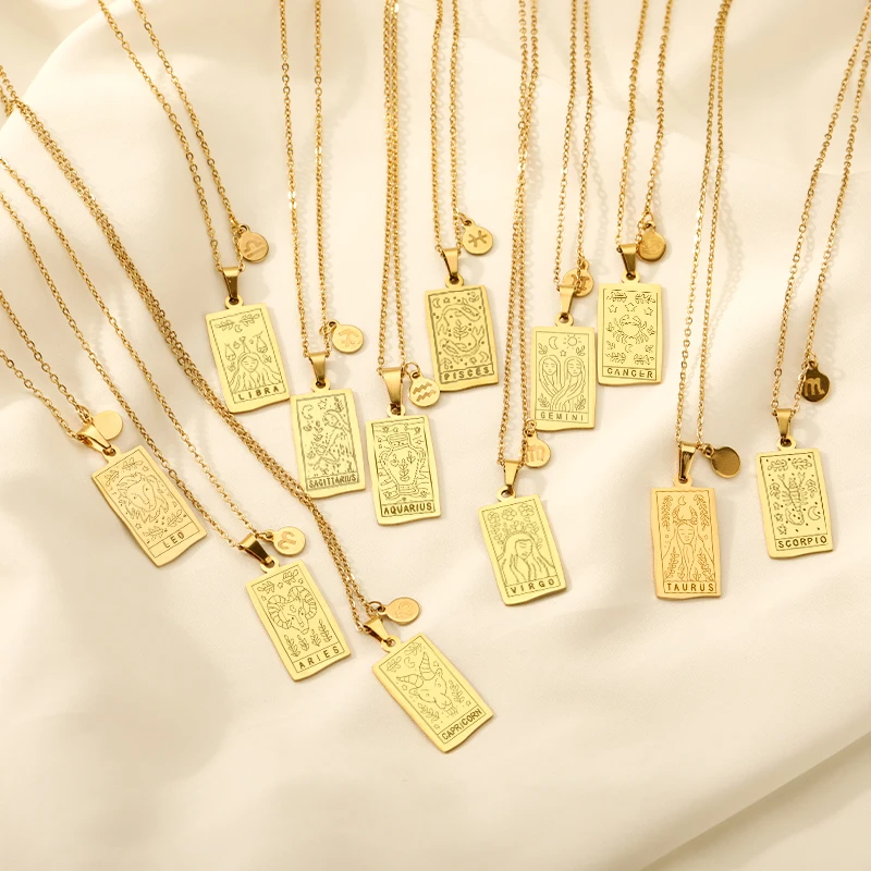 Zodiac Necklace For Women Vintage Gold Stainless Steel Aquarius Pisces Leo Constellation Chain Choker Necklace Goth Jewelry Gift