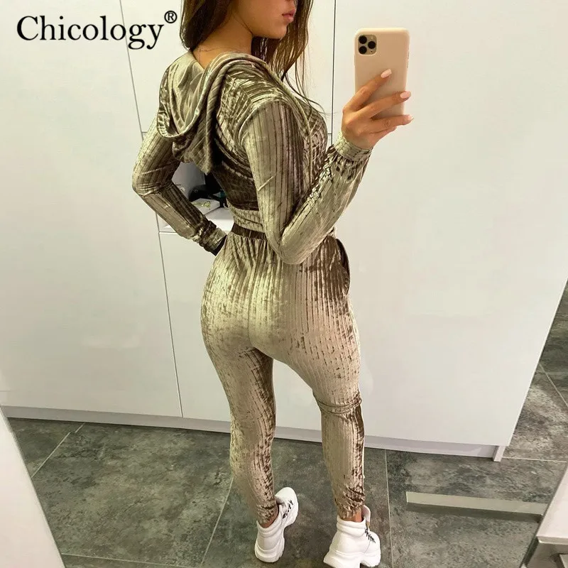 Chicology бархатное бархат капюшоном спортивный костюм 2 комплект из двух предметов в комплекте комплект набор женское топ с длинными рукавами с высокой талией брючный брюки осень осеннее зимняя одежда