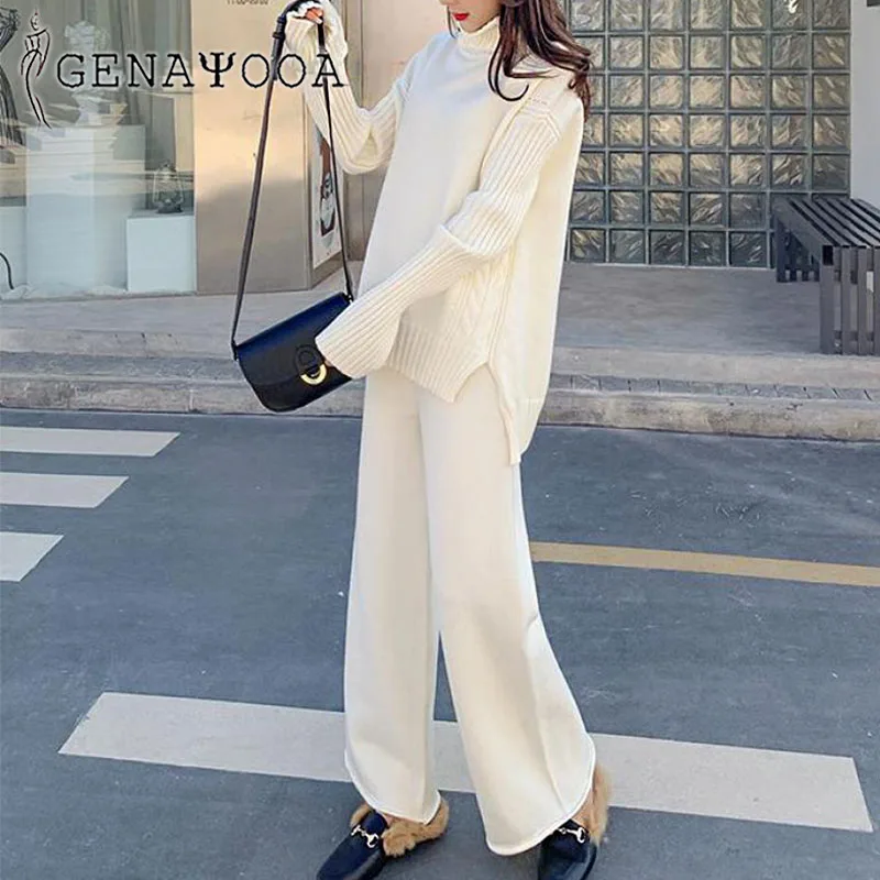 plus size sweat suits Genayooa Winter Tracksuit 2 Piece Pant Suits For Women Knitted Long Sleeve Two Piece Set Top And Pants Women Suit Outwear Korean dressy pant suits