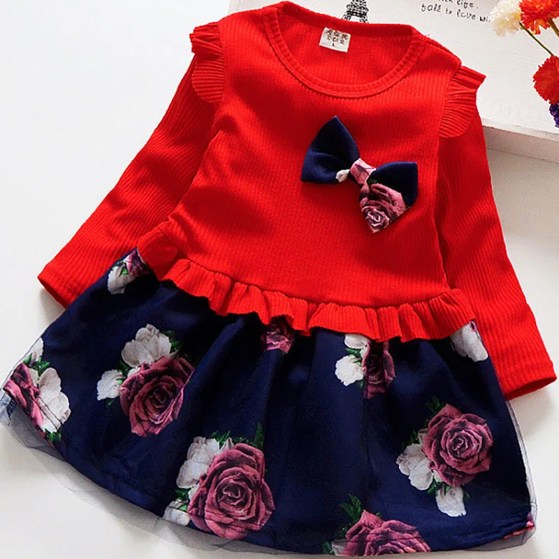 Весенне-осеннее платье для маленьких девочек; Хлопковое платье с длинными рукавами для малышей; Детские Платья с цветочным принтом и бантом для девочек; Модная одежда для девочек