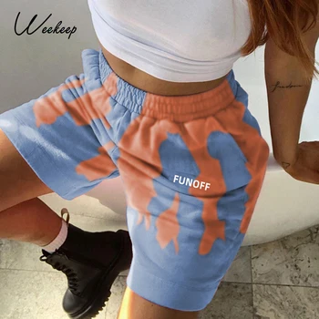 

Weekeep Tie Dye Casual Women Hip Hop Shorts Letter Printed Elastic High Waisted Fashion Summer Short Pants Harajuku Sweat Shorts