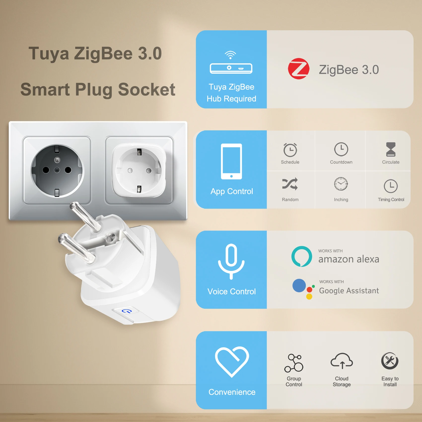 Tuya ZigBee 3.0 스마트 플러그, 전원 모니터 포함, 무선 앱 음성 리모컨 소켓 콘센트, EU 알렉사 구글 홈과 연동, 16A