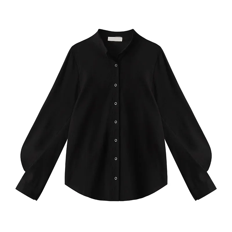 black women shirts RealShe белая женская рубашка с круглым вырезом и рукавом-фонариком, однотонная белая блузка, Женская Весенняя Повседневная элегантная Офисная Женская рубашка - Цвет: black women shirts