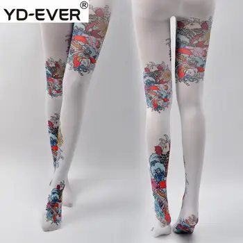 

YD-EVER women tights Harajuku Ethnic Style Year Painting Carp Auspicious Pattern Tattoo Spring Autumn Colored Cotton Pantyhose