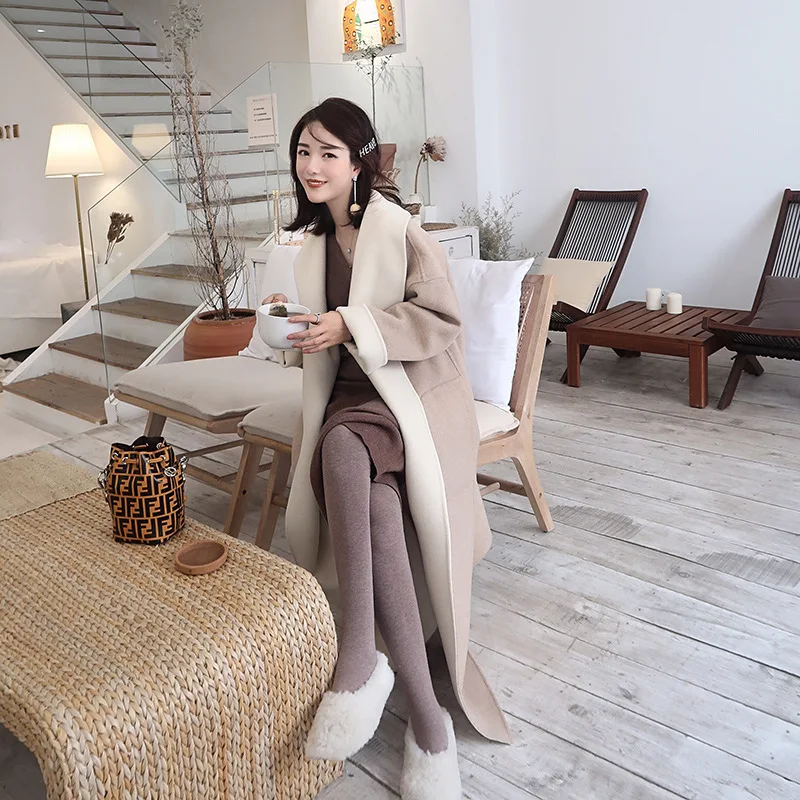 

Fall 2019 Super Fire Double-sided Nightgown Double-sided Coat Wool Outerwear Adjustable Waist Turn-down Collar Long Coat Women