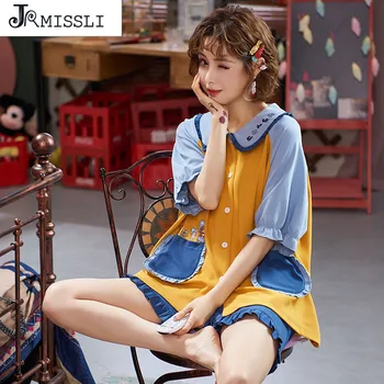 

JRMISSLI Patckwork Sleepwear Set Women's Casual Home Wear Loungewear Soft Cotton Pajama Plus Size Pijama Pyjama Nighty