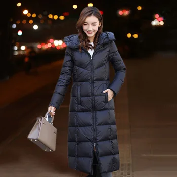 

Winter Quilted Coats Long Parkas Jackets Europe US Style Slim Solid Color X-long Overcoats Women Hooded Long Outerwear Coat Tops