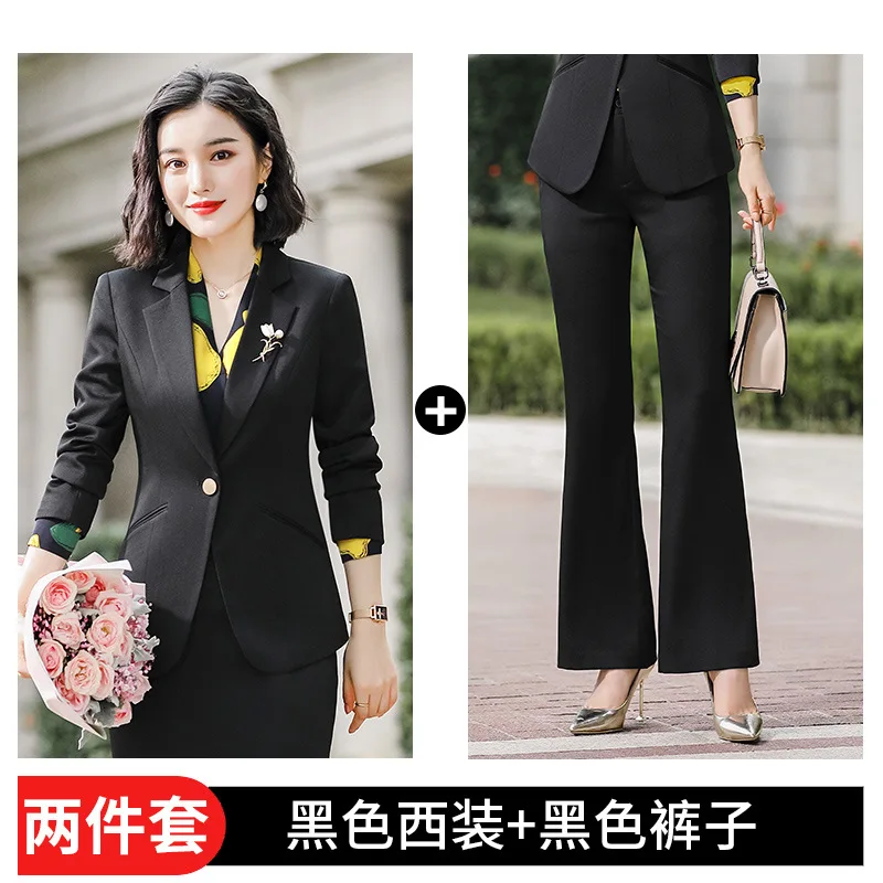 Professional dress girl fall new fashion goddess Van white suit dress interview formal work clothes pantsuit women - Цвет: Black trousers 2PCS