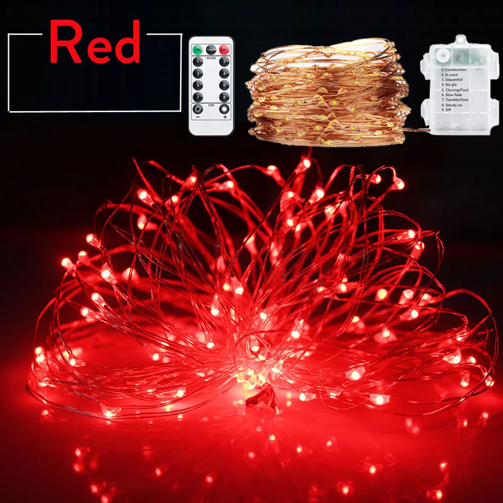 thumbnail image 1 of Guirnalda de luces navideñas con pilas, resistente al agua, 8 modos, mando a distancia, 50 LED, 100 LED, luces interiores, luces parpadeantes de cobre, 1 of 5