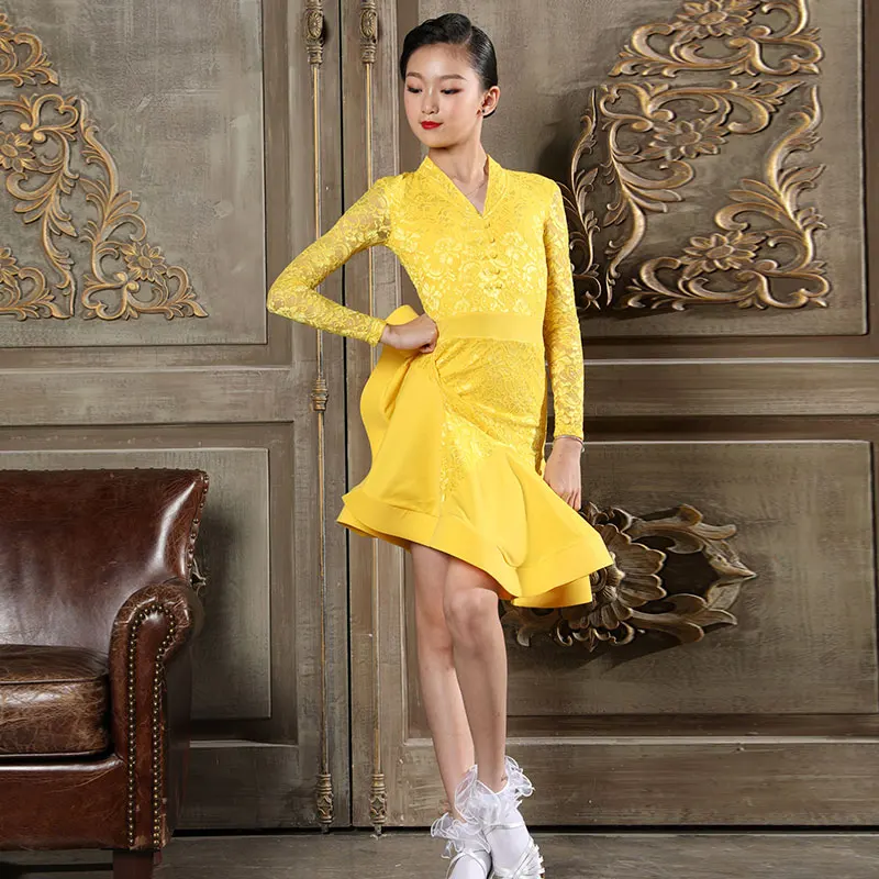 Yellow Платье для латинских танцев Детские платья для девочек, Одежда для танцев Новое Детское платье Осенняя Одежда для танцев с длинными рукавами BL2902 - Цвет: Yellow