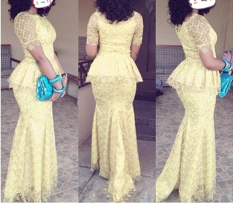 

Light Yellow Evening Dresses Long Mermad Sleeves robe de soiree 2019 Peplum Elegant Evening Dress Pageant Gowns vestido longo