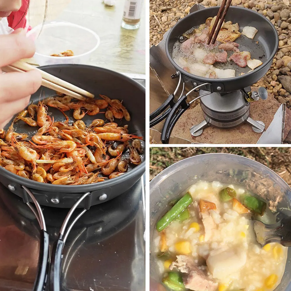 

Outdoor Pot Aluminum Alloy Cookware Set Camping Storage Bag Nonstick Pan Wooden Shovels Cleaning Brush 2-3 People Are Suitable