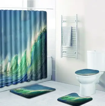 

Zeegle Sea Bath Mats Set with Curtain Printed Bathroom Mats Toilet Cover Protector Pads Shower Curtain Bath Rugs Home Door Mats