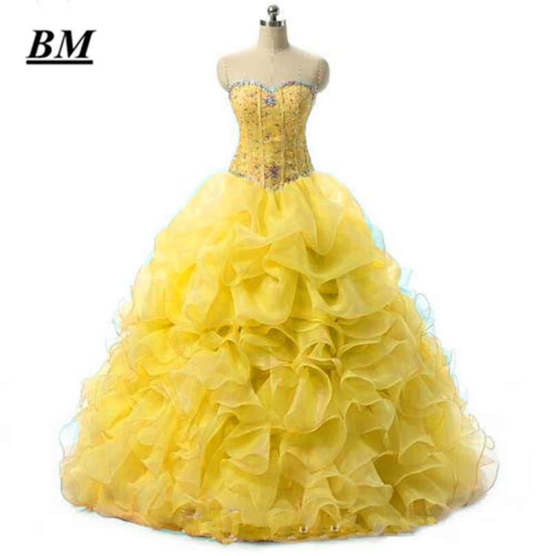 Дешевые платья Quinceanera желтого цвета, бальное платье украшенное бусами, милые 16 платья, вечерние платья для выпускного вечера Vestido De 15 Anos BM66 - Цвет: the picture color