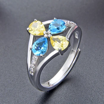 

Creative Blue Yellow Zircon Real 925 sterling silver wedding rings for women High quality CZ Flower enagement ring Party jewelry