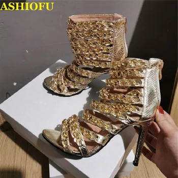 

ASHIOFU Handmade Women's High Heel Sandals Chains-straps Party Prom Classic Shoes Peep-toe Large Size Evening Fashion Sandals