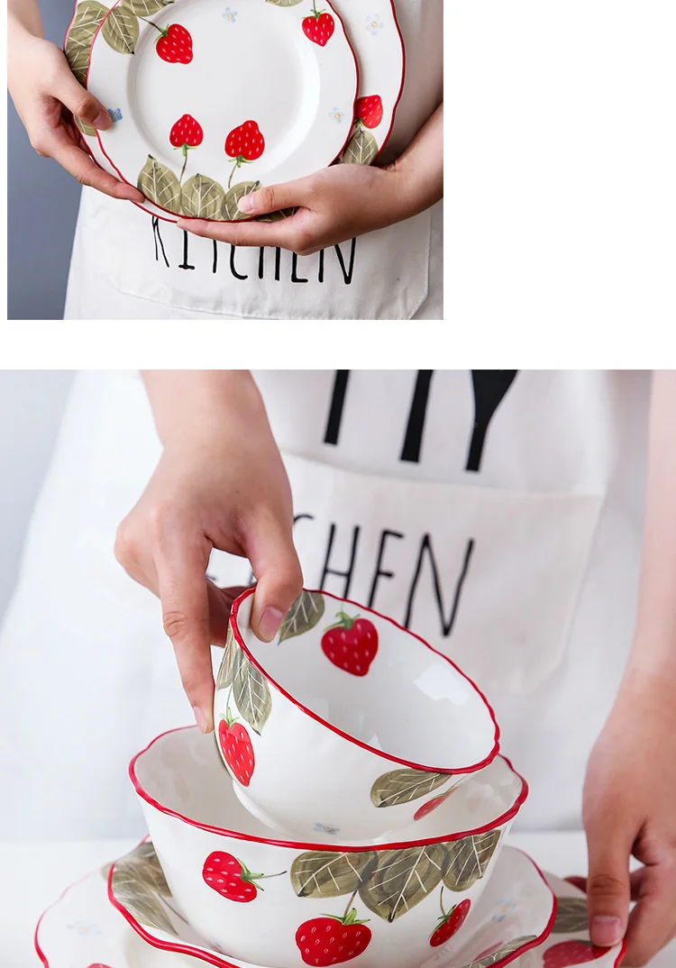 Керамические обеденные тарелки с милым принтом клубники креативные в глазурованной посуды набор Япония стиль посуда и тарелки наборы столовых приборов