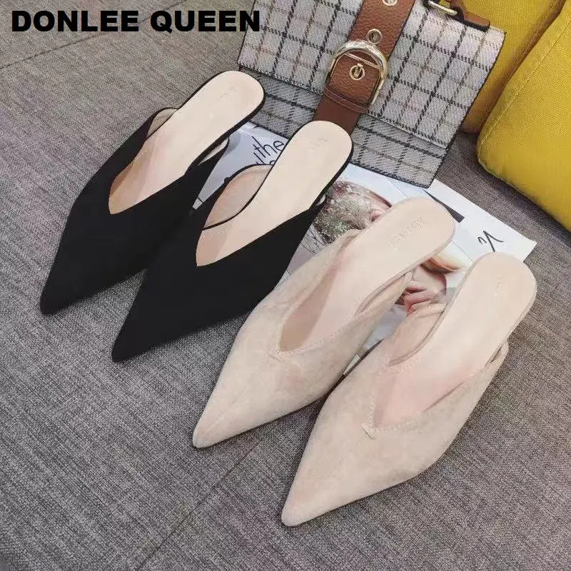 

Fashion Women Pointed Toe Slippers Suede Low Heels Outsides Ladies Slides Luxury Brand Mules Shoe Women Slipper zapatos de mujer