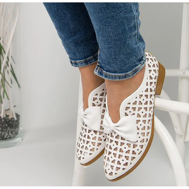 Женские туфли лодочки открытые летние из дышащего материала с бантом Обувь на