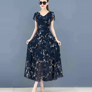 

Free Shipping2020 Summer Dress Women Short Sleeve Floral Print Women Long Dress V-neck A-line Slim Bohemian Dress Sukienka