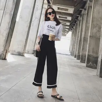 

Women 2 Two Piece Set V Neck Short Sleeve Tops Elastis Waist Wide Leg Pants Female Suits 2020 Autumn Fashion Casual Sets11