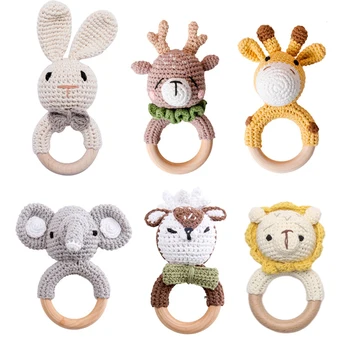 1pc Baby Teether Music Rattles for Kids Animal Crochet Rattle Elephant Giraffe Ring Wooden Babies Gym Montessori Children's Toys 1