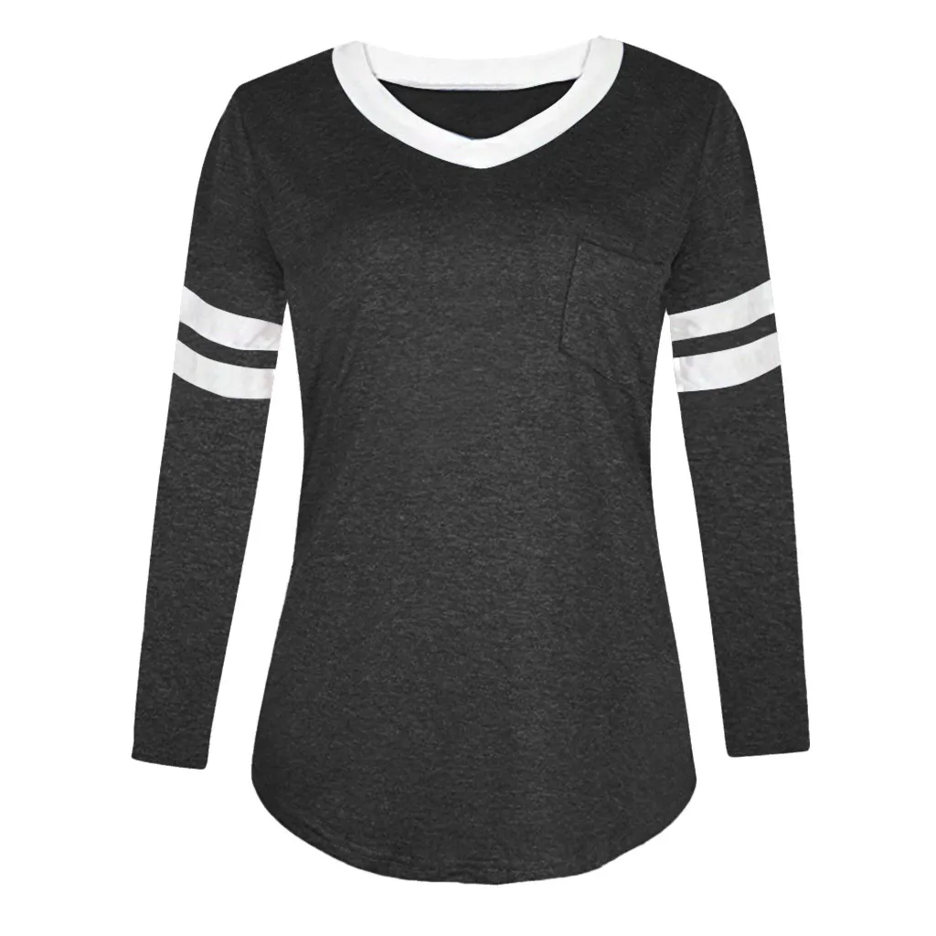 Женская футболка в полоску, повседневный пуловер с v-образным вырезом и карманом, Повседневная Свободная футболка с длинным рукавом, женские топы, женская мода