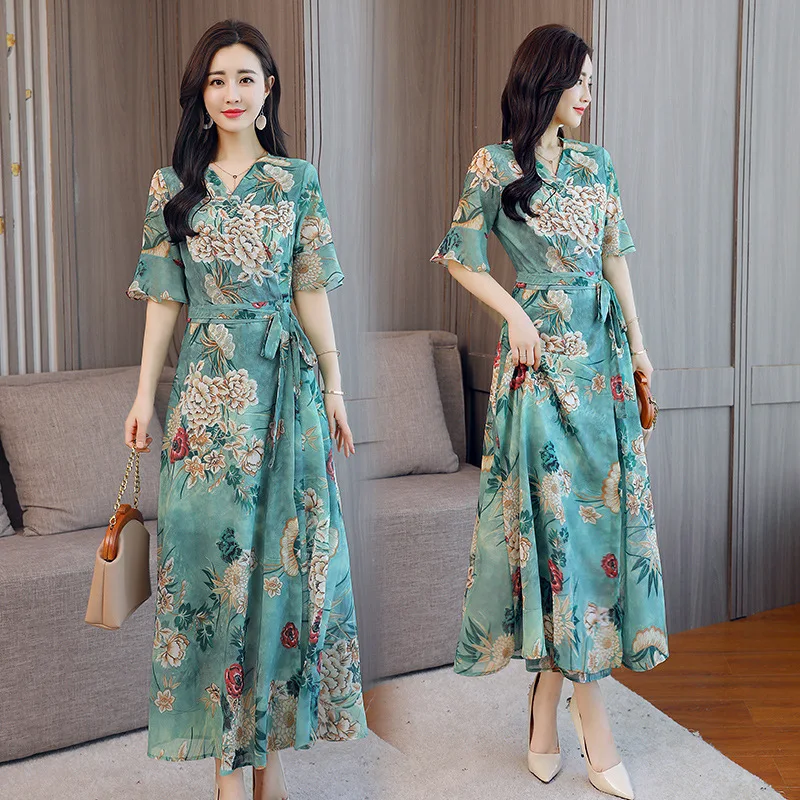 

2019 New Style Summer Fashion Graceful Floral Printed Dress Korean-style Slim Fit V-neck Long over-the-Knee Elegant Long Skirts