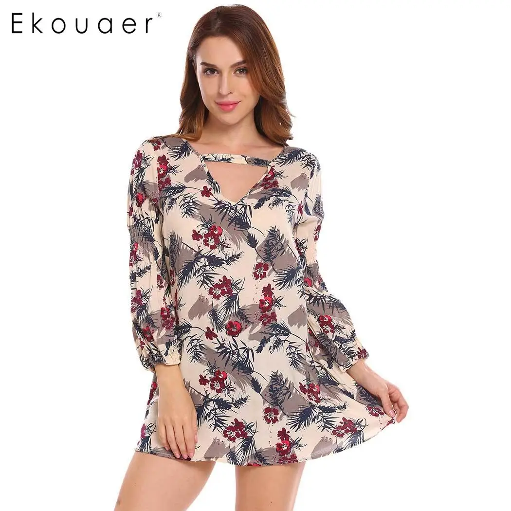 

Ekouaer Women Spring Summer Blouses Fashion Tops V-Neck Long Sleeve Floral Print Casual Loose Blouse Tops