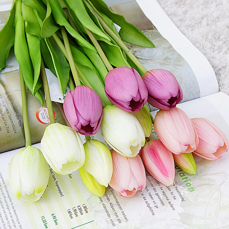 5pcsbunchRealTouchPinkArtificialTulipsFlowersHomeWedding
