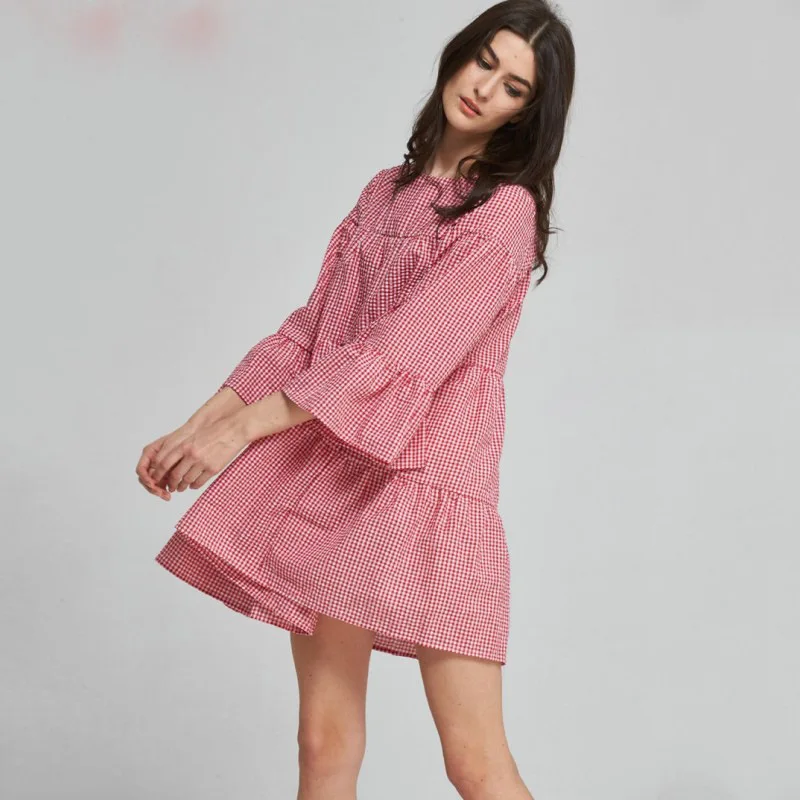 2020 Popular Summer autumn red plaid flared sleeve Crew Neck Dress