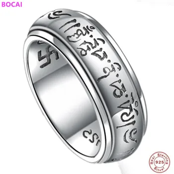 

BOCAI S925 Sterling Silver ring for men Thai silver male ring retro Tibetan six character sutra ring simple men's and women's