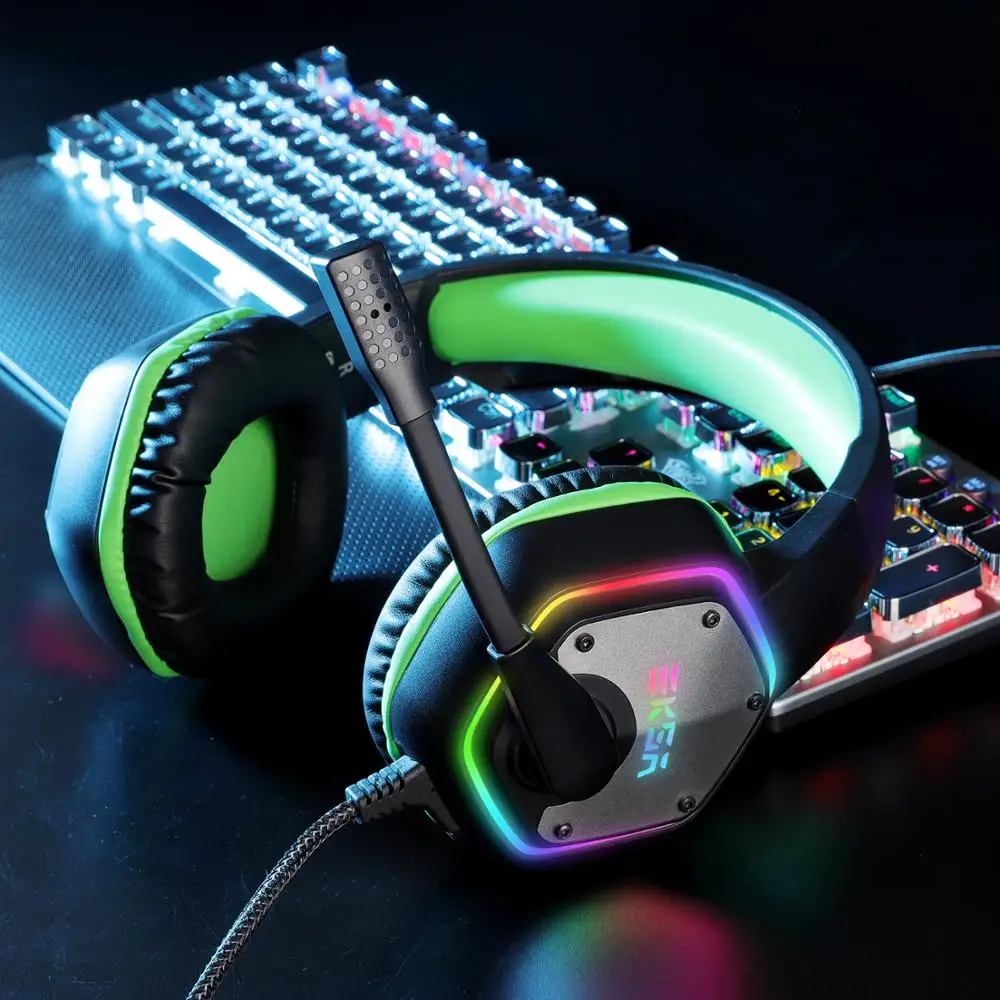 EKSA E1000 USB Проводные Игровые наушники 7,1 Virtual Surround профессиональная игровая гарнитура с микрофоном светодиодный светильник для PS4 PC зеленый серый