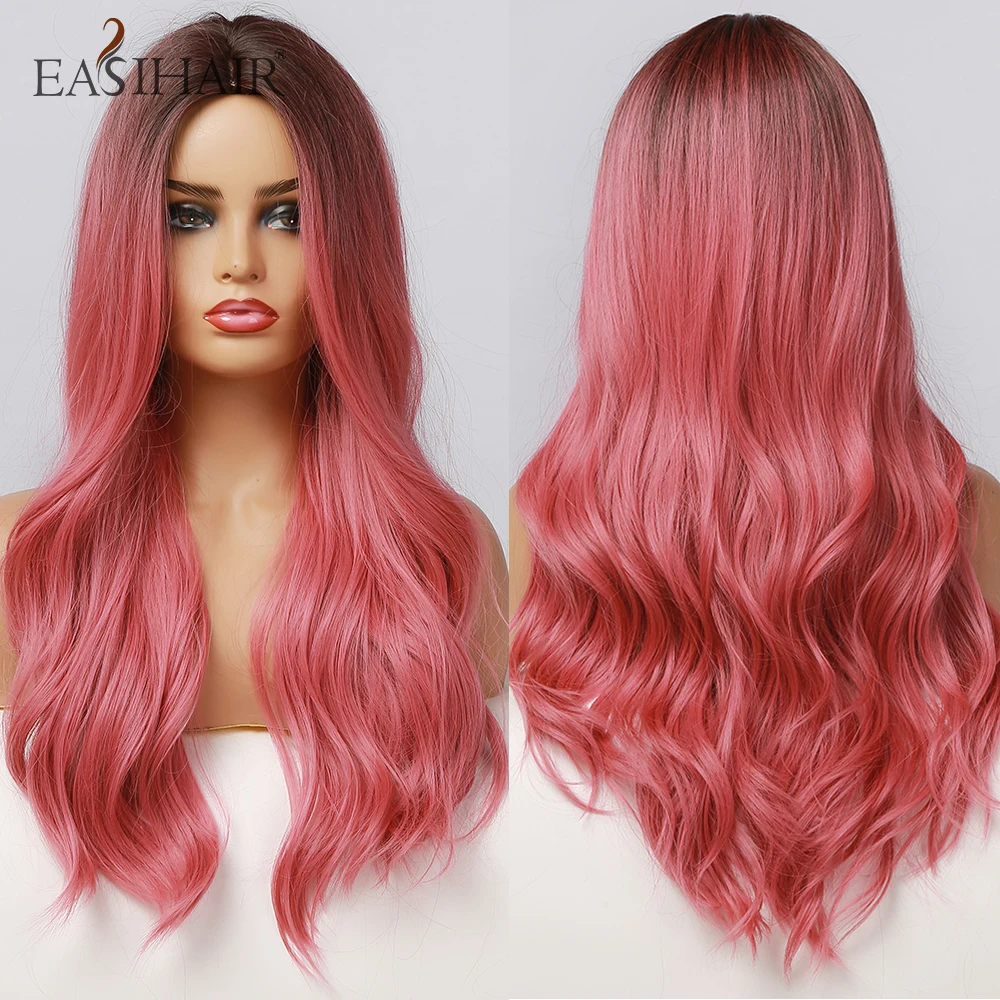 Wigs Natural-Hair Black Wavy Heat-Resistant Pink Ombre Long Women To for Red Cosplay