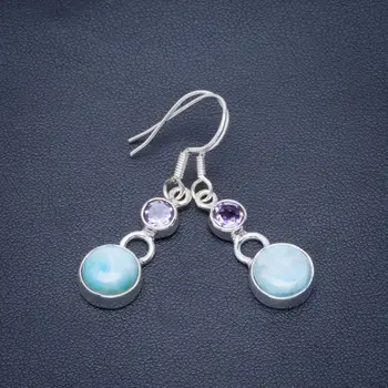 

Natural Caribbean Larimar and Amethyst Handmade Unique 925 Sterling Silver Earrings 1.5" B2526