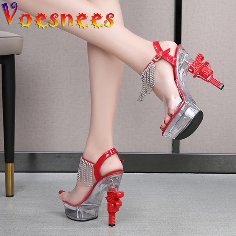 

Voesnees Women Shoes Transparent Sandals 2021 New Solid Color Sexy Clear High Heels14cm Platform Rhinestone Ladies Wedding Shoes