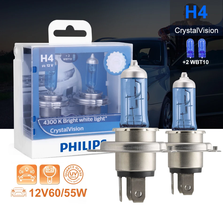 Philips h4 halogen 55W 12V Crystal Vision 4300K Bright White Light lamp H4 Headlight T10 Gift Original Car Accessories 2PCS - AliExpress