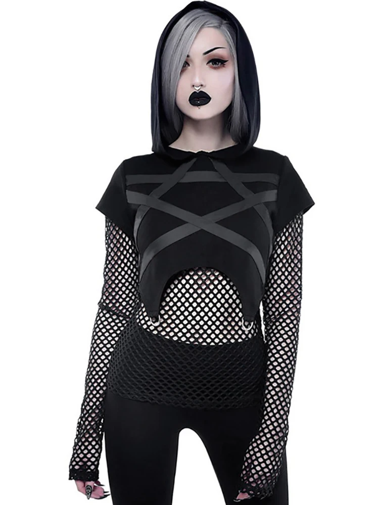 black Fitshinling Goth, осенняя футболка с темной пентаграммой, женские сетчатые футболки с принтом, пэчворк, с капюшоном, тонкая готическая Черная женская футболка, распродажа - Цвет: black