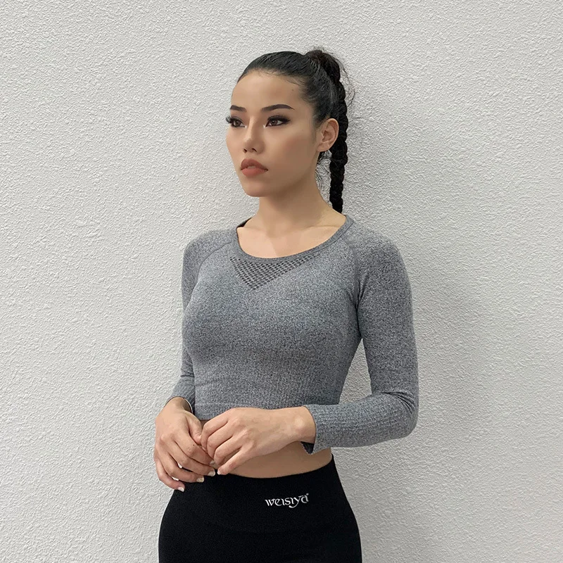 Women Sport Crop Tops Gym Fitness Yoga Shirts Long Sleeve Workout Yoga Tops Running Sport T-Shirts Breathable Fitness Sportswea