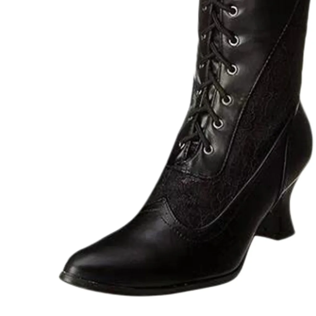 Women's High Heeled Boots large size 35-43 square Heels boots ladies Shoes female knee-high Boots Lace Pointed Toe Woman boots