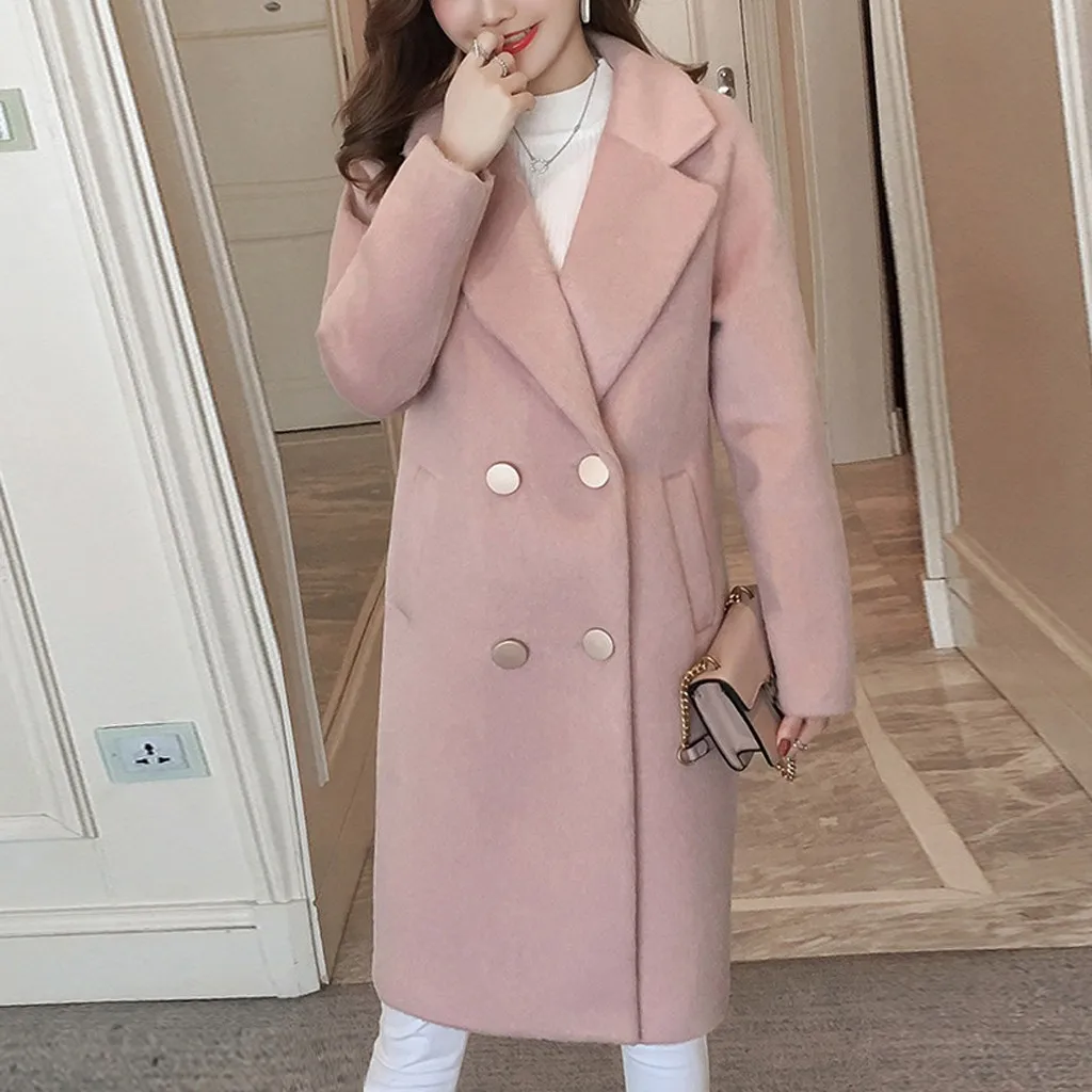 Для женщин однотонные рабочие Винтаж зимняя обувь для офиса с длинным рукавом пуговица шерстяное пальто новое зимнее пальто Для женщин зимняя куртка женская обувь