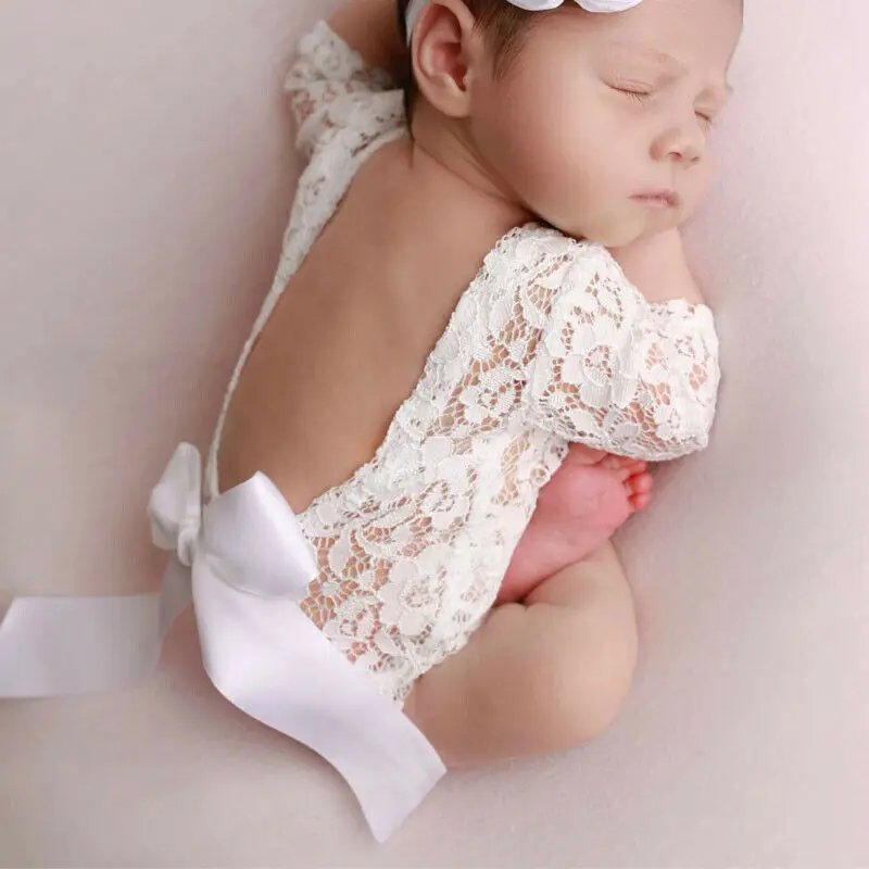 2020 Newborn Baby Photography Photo Prop White Lace Girl Baby Romper Long Sleeve Bow Hairband 2PCS Set baby costume Clothing