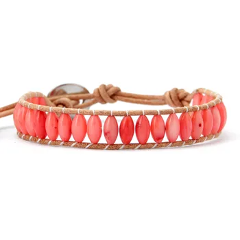 Natural Rice Shape Coral Stone Leather Bracelet Fashionable Leather Wrap Bracelet Coral Jewelry Wedding Gift