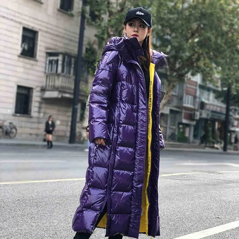 Фиолетовый Глянцевая теплая парка X-long с капюшоном, толстая модная женская пуховая хлопковая куртка, зимнее пальто, женская уличная одежда с длинным рукавом GH09 - Цвет: Фиолетовый